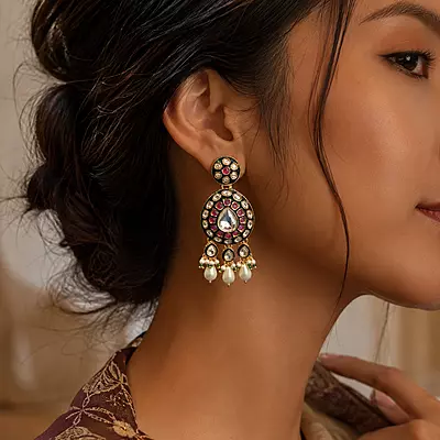 Kundan Reva Mirror Stone Pearl Drop Earrings