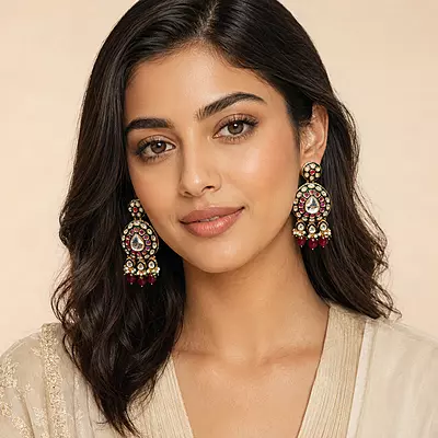 Kundan Raaga Mirror Stone Red Bead Drop Earrings
