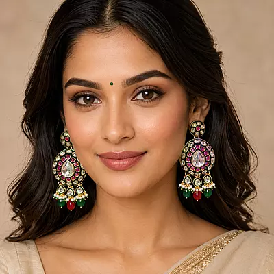 Kundan Aarna Green Bead Pearl Drop Earrings