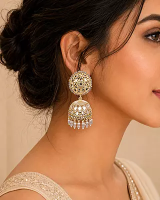 Meher Grey Beaded Mirror Jhumka Earrings