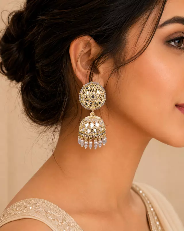 Meher Grey Beaded Mirror Jhumka Earrings