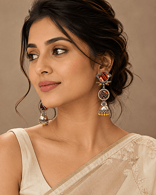 Rangtara Asymmetric Textile Oxidised Jhumka Earrings