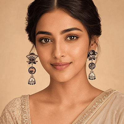 Taarika Asymmetric Textile Oxidised Jhumka Earrings