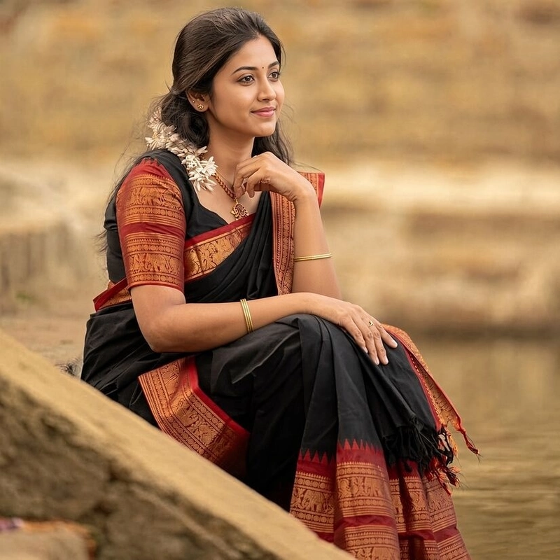 black Pure Kanchi Cotton saree with maroon elephant and peacock zari border