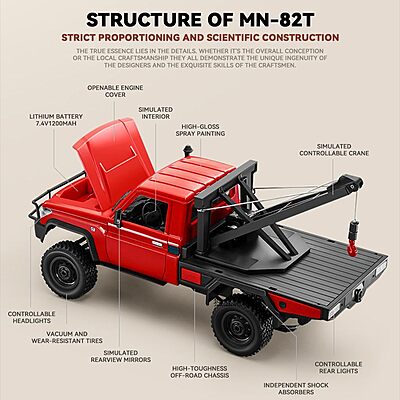 MN82T 1:12 Scale 4WD RC Rock Crawler – Toyota LC79 Rescue | 2.4GHz RTR Off-Road Remote Control Car - Red