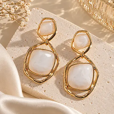 Elvienne White Resin Gold-Tone Geometric Drop Earrings