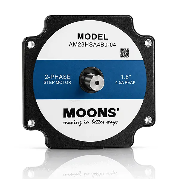 Moons make NEMA23(56mm) 1.8°2 Phase Hybrid Stepper Motors, Double Shaft, Body Length 77.0mm, Holding Torque 2.3N.m, Rated Current 3.7A, Rotor Inertia 365.0gcm2, Cat No-AM23HSA4B0-04