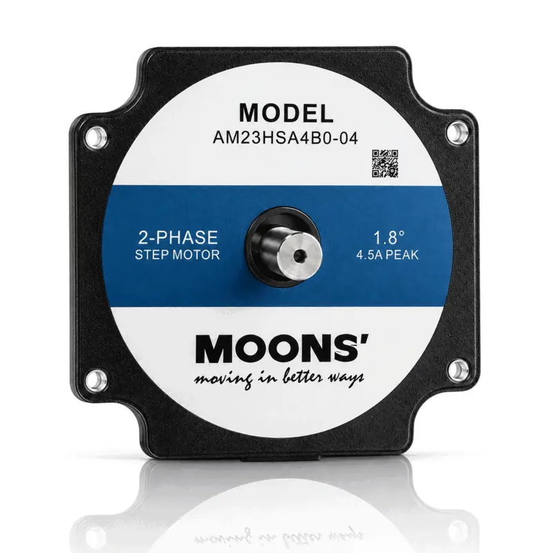 Moons make NEMA23(56mm) 1.8°2 Phase Hybrid Stepper Motors, Double Shaft, Body Length 77.0mm, Holding Torque 2.3N.m, Rated Current 3.7A, Rotor Inertia 365.0gcm2, Cat No-AM23HSA4B0-04
