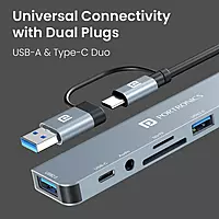 Portronics MPORT 8 PLUS - 8in2 Multiport Hub with USB+Type-C to USB*4, PD, Aux, TF & SD  Ports. Aluminium body