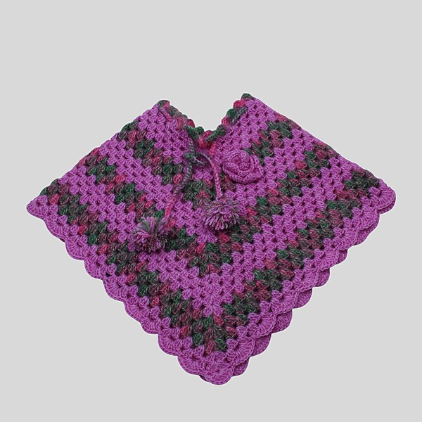 (6-12 Months) Baby Handknitted Woolen Poncho, Purple with Multicolor Pattern
