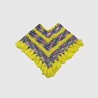 (2-3 Years) Kids Handknitted Woolen Poncho with Cap, Yellow Multi-Color Pattern
