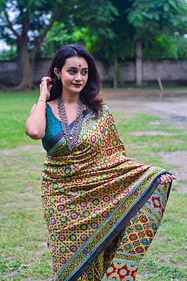 Rangili Ajrakh pure mulberry silk saree.