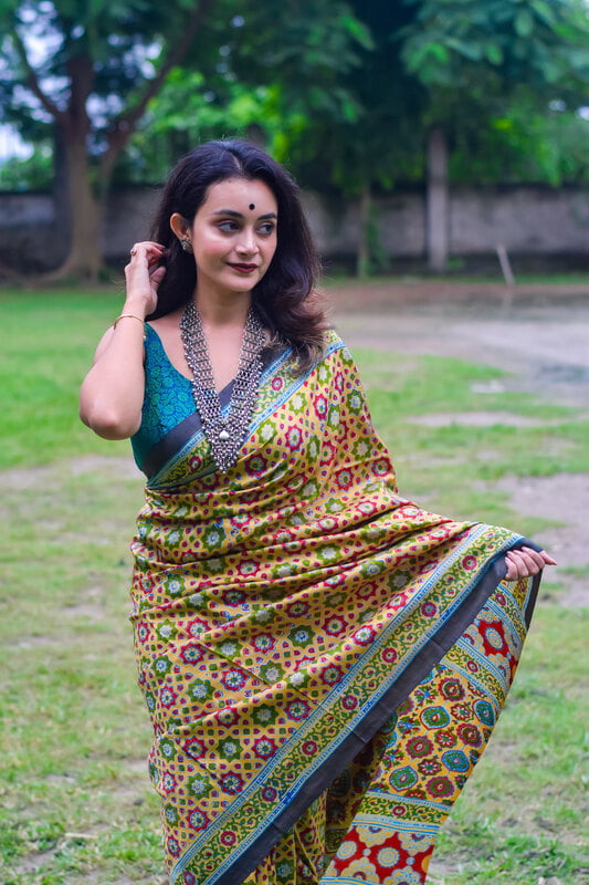 Rangili Ajrakh pure mulberry silk saree.