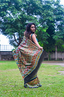Rangili Ajrakh pure mulberry silk saree.