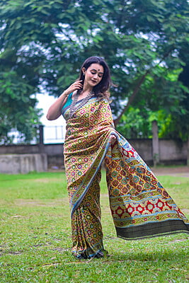 Rangili Ajrakh pure mulberry silk saree.