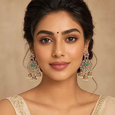 Mehrisa Green and Pastel Stone Triple Jhumka Earrings