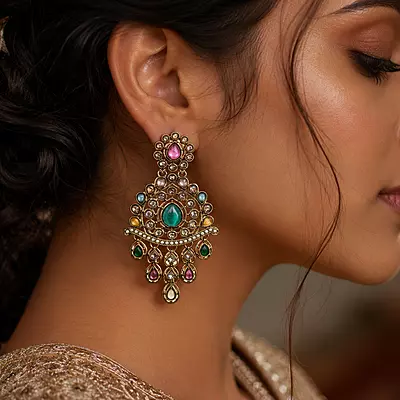 Rangmahal Multicolour Stone Gold-Tone Chandelier Earrings