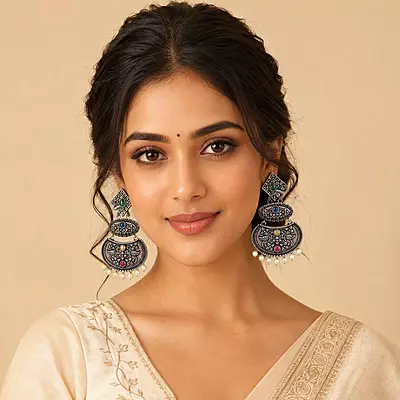 Varnika Multicolour Stone Pearl Oxidised Chandbali Earrings