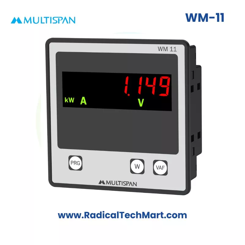 Multispan WM-11 Single Phase Watt Meter | 20–300V AC | 1A/5A Input | CT Selectable | Panel Mount
