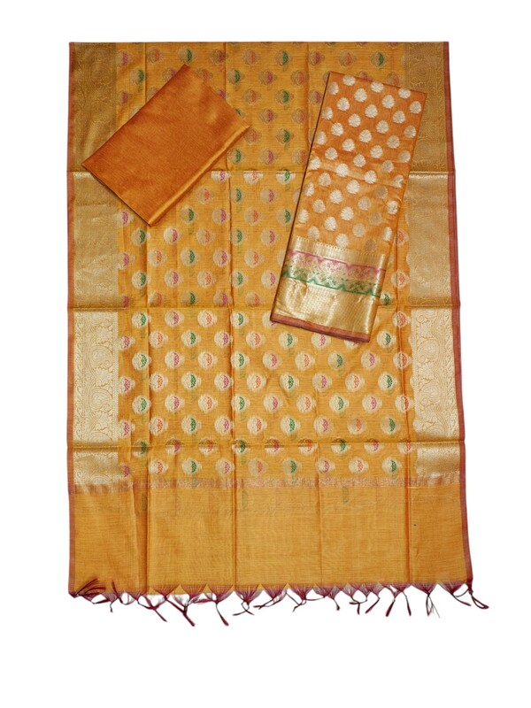 Yellow Banarasi Cotton Silk Unstitched Salwar Suit Set
