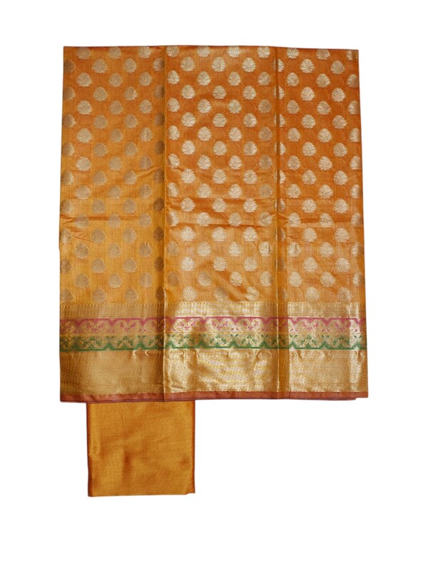 Yellow Banarasi Cotton Silk Unstitched Salwar Suit Set