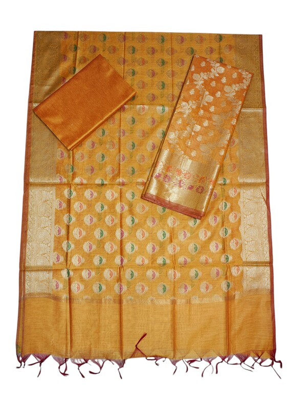 Mustard Unstitched Banarasi Cotton Silk Dress Material for Women