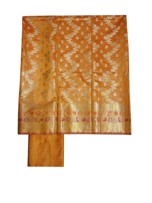 Mustard Unstitched Banarasi Cotton Silk Dress Material for Women