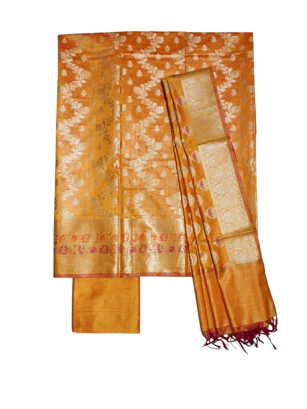 Mustard Unstitched Banarasi Cotton Silk Dress Material for Women