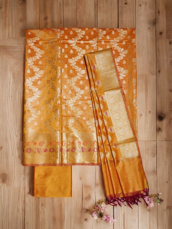 Mustard Unstitched Banarasi Cotton Silk Dress Material for Women