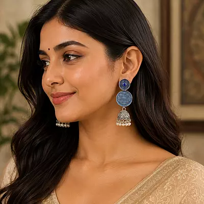 Neelambara Dual Blue Medallion Oxidised Jhumka Earrings