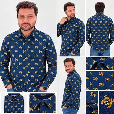 Men’s Navy Blue Golden Print Full Sleeve Casual Shirt