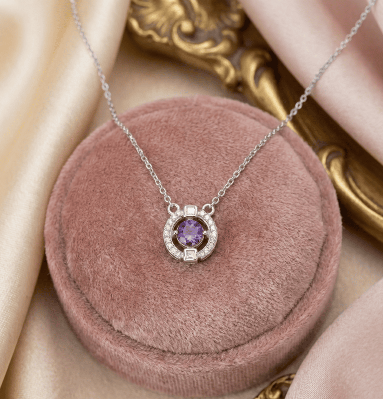 925 Silver Royal Amethyst Halo Necklace