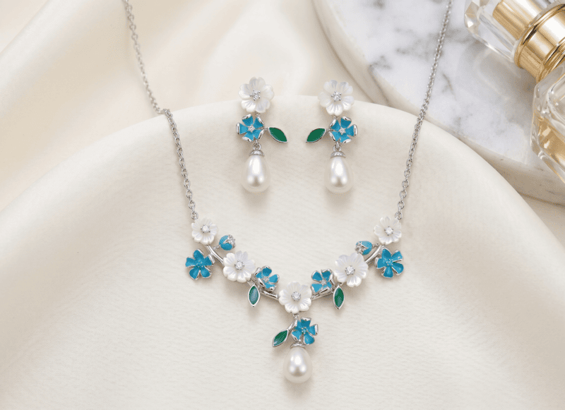 925 Silver Pearl & Floral Bloom Necklace Set
