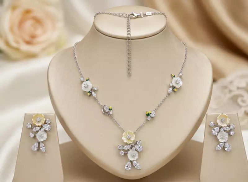 925 Silver Champagne Blossom Floral Necklace Set