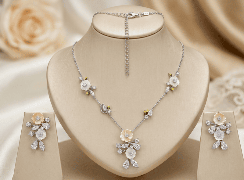 925 Silver Champagne Blossom Floral Necklace Set
