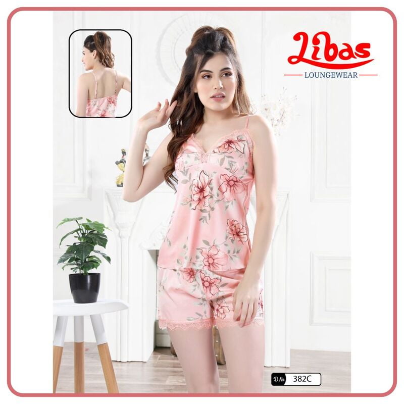 Rose Pink Premium Satin Two Piece Set With Floral Print All Over From Libas Loungewear - FCN154 Rose Pink Premium Satin Two Piece Set With Floral Print All Over From Libas Loungewear - FCN154