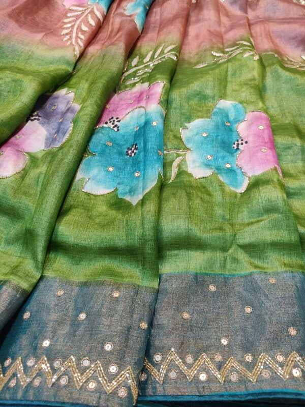 Rose gold pure Tassar hand embroidered katdana work