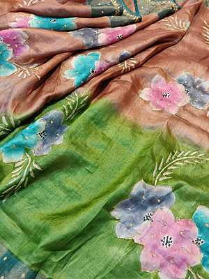 Rose gold pure Tassar hand embroidered katdana work