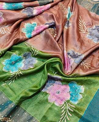 Rose gold pure Tassar hand embroidered katdana work