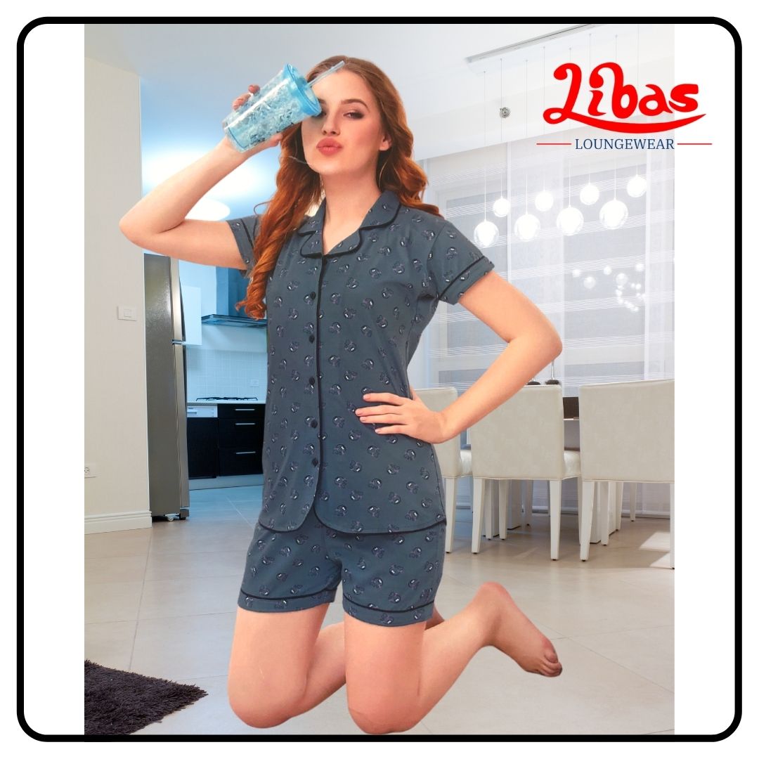Fiord color hosiery cotton women top & shorts set with tiny prints by Libas loungewear-SPS001 Fiord color hosiery cotton women top & shorts set with tiny prints by Libas loungewear-SPS001