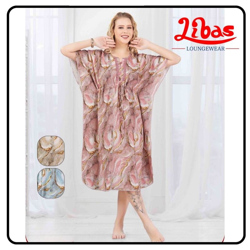 Pink & white Rayon Midi Kaftan Dress With Geometric Print All Over From Libas Loungewear - KF392