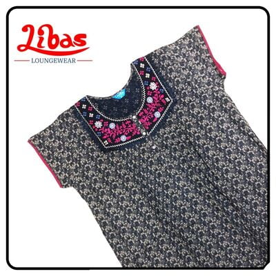 Grey alphine pleated nighty with navy blue geometric prints & button closure by libas-PLT078
