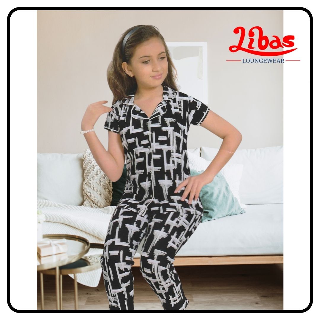 Black & grey hosiery cotton girls night suit from libas loungewear-GNS017 Black & grey hosiery cotton girls night suit from libas loungewear-GNS017