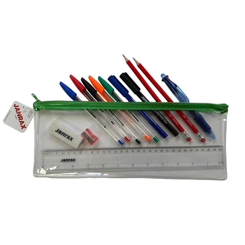 Stationery Filled Green Zip 13x5"" Pencil Case