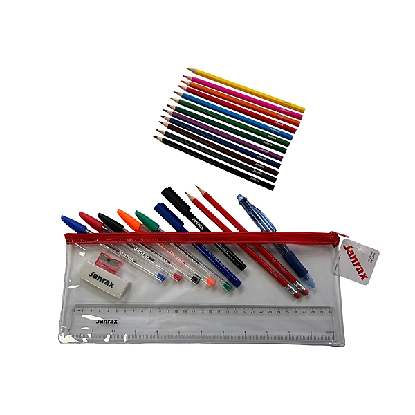 Stationery Filled Red Zip 13x5"" Pencil Case with Colouring Pencils
