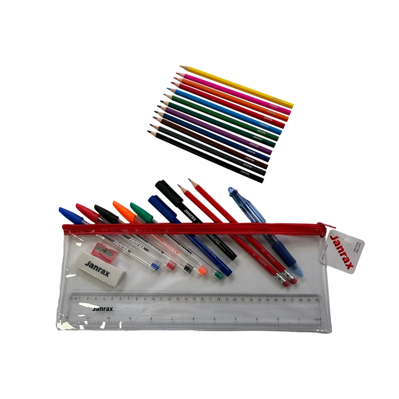 Stationery Filled Red Zip 13x5"" Pencil Case with Colouring Pencils