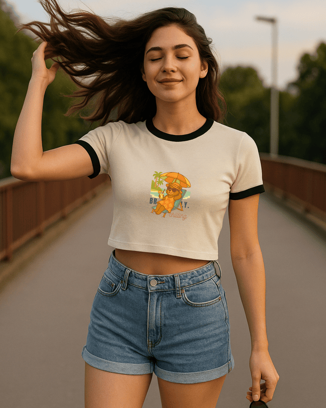 Women's Off-White Beach Bear Graphic Printed Crop Top
