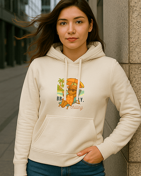 Unisex Off White Front Beach Bear Graphic Printed All-Weather Hoodie