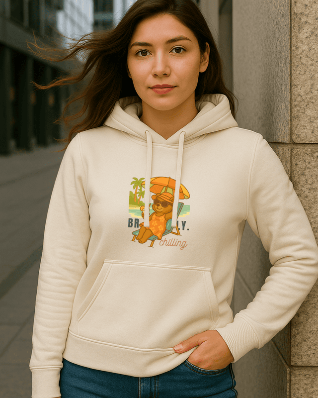 Unisex Off White Front Beach Bear Graphic Printed All-Weather Hoodie