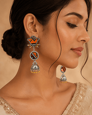 Rangtara Asymmetric Textile Oxidised Jhumka Earrings